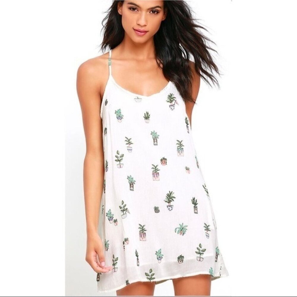Obey Green‎ Cactus Print Shift Mini Dress White Green Size S